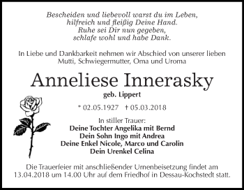 Traueranzeige von Anneliese Innerasky von WVG - Wochenspiegel Dessau / Köthen