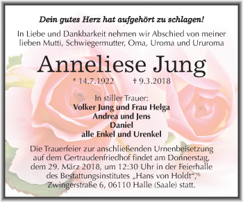 Traueranzeige von Anneliese Jung von Mitteldeutsche Zeitung Halle/Saalkreis