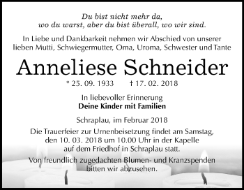 Traueranzeige von Anneliese Schneider von Mitteldeutsche Zeitung Merseburg/Querfurt