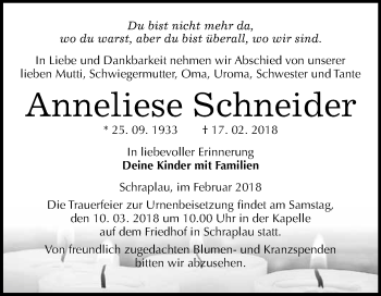 Traueranzeige von Anneliese Schneider von WVG - Wochenspiegel Merseburg