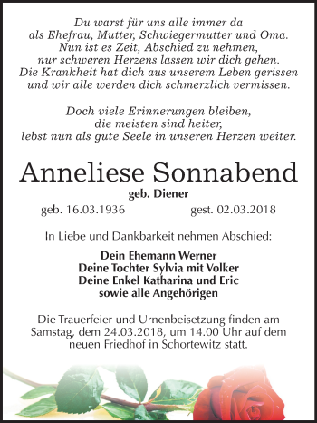 Traueranzeige von Anneliese Sonnabend von Mitteldeutsche Zeitung Köthen