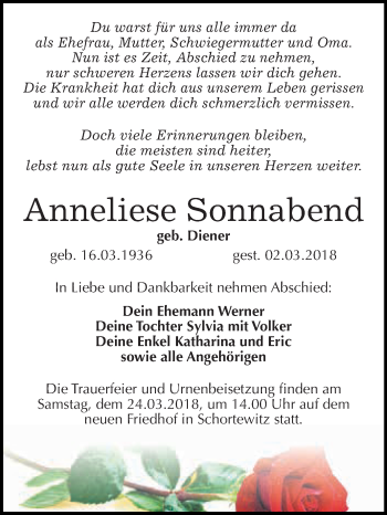 Traueranzeige von Anneliese Sonnabend von WVG - Wochenspiegel Dessau / Köthen