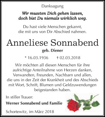 Traueranzeige von Anneliese Sonnabend von WVG - Wochenspiegel Dessau / Köthen