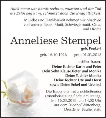 Traueranzeige von Anneliese Stempel von WVG - Wochenspiegel Wittenberg