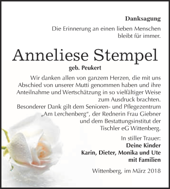 Traueranzeige von Anneliese Stempel von WVG - Wochenspiegel Wittenberg