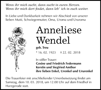 Traueranzeige von Anneliese Wendel von Mitteldeutsche Zeitung