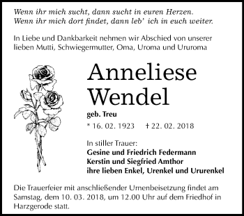 Traueranzeige von Anneliese Wendel von WVG - Wochenspiegel Quedlinburg