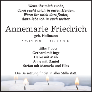 Traueranzeige von Annemarie Friedrich von Mitteldeutsche Zeitung