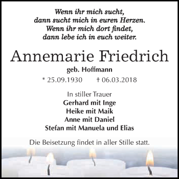 Traueranzeige von Annemarie Friedrich von Wochenspiegel Mansfelder Land