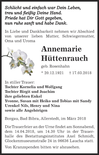 Traueranzeige von Annemarie Hüttenrauch von WVG - Wochenspiegel NMB / WSF / ZTZ