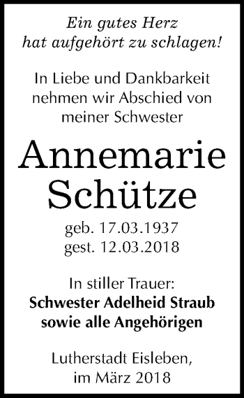 Traueranzeige von Annemarie Schütze von Mitteldeutsche Zeitung