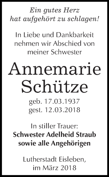 Traueranzeige von Annemarie Schütze von Super Sonntag SGH Mansf. Land