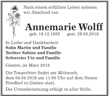Traueranzeige von Annemarie Wolff von Super Sonntag Bernburg