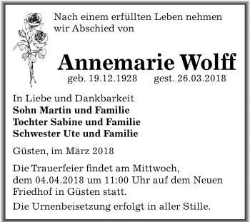 Traueranzeige von Annemarie Wolff von Mitteldeutsche Zeitung Bernburg