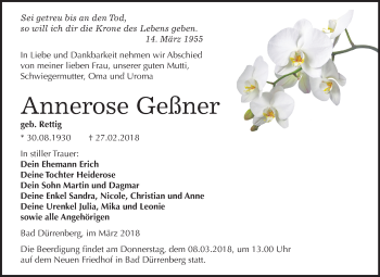 Traueranzeige von Annerose Geßner von Mitteldeutsche Zeitung Merseburg/Querfurt