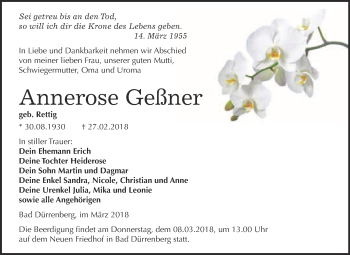 Traueranzeige von Annerose Geßner von Super Sonntag Merseburg