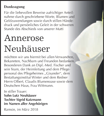 Traueranzeige von Annerose Neuhäuser von WVG - Wochenspiegel Bitterfeld