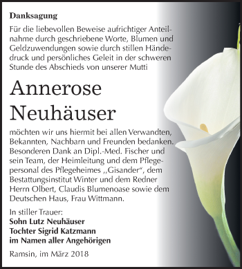 Traueranzeige von Annerose Neuhäuser von Mitteldeutsche Zeitung Bitterfeld