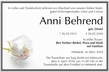 Traueranzeige von Anni Behrend von Super Sonntag SGH Mansf. Land