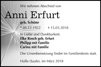Traueranzeige von Anni Erfurt von Mitteldeutsche Zeitung Halle/Saalkreis