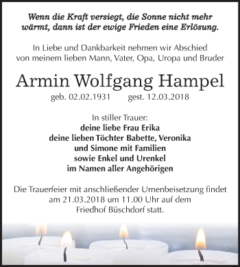 Traueranzeige von Armin Wolfgang Hampel von Mitteldeutsche Zeitung Halle/Saalkreis
