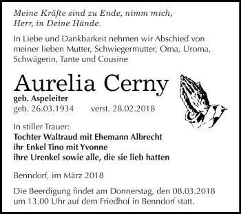 Traueranzeige von Aurelia Cerny von Wochenspiegel Mansfelder Land