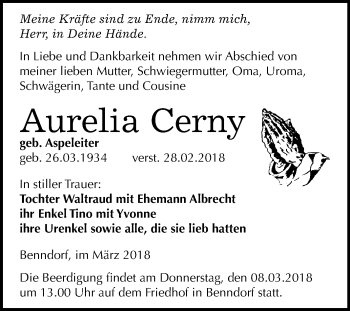 Traueranzeige von Aurelia Cerny von Mitteldeutsche Zeitung