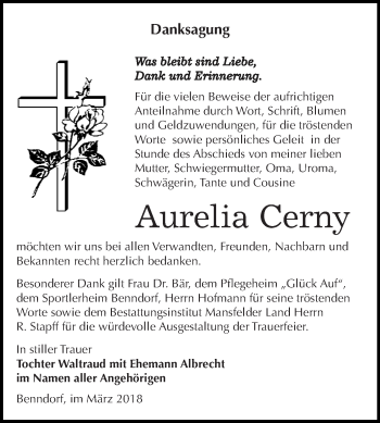 Traueranzeige von Aurelia Cerny von Wochenspiegel Mansfelder Land