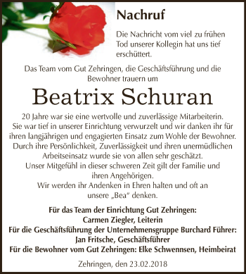 Traueranzeige von Beatrix Schuran von Super Sonntag Dessau / Köthen