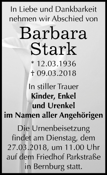 Traueranzeige von Bernburg Stark von Mitteldeutsche Zeitung Bernburg