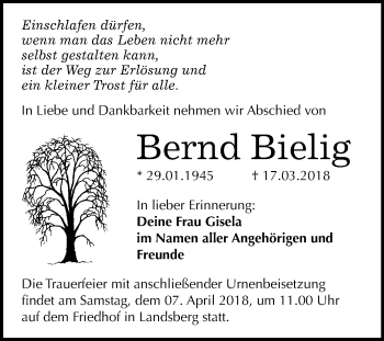 Traueranzeige von Bernd Bielig von Mitteldeutsche Zeitung Halle/Saalkreis