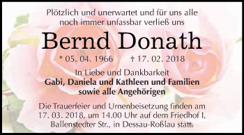 Traueranzeige von Bernd Donath von WVG - Wochenspiegel Dessau / Köthen