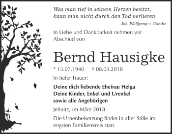 Traueranzeige von Bernd Hausigke von WVG - Wochenspiegel Bitterfeld