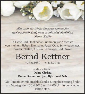 Traueranzeige von Bernd Kettner von Super Sonntag Wittenberg