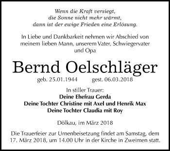 Traueranzeige von Bernd Oelschläger von Mitteldeutsche Zeitung Merseburg/Querfurt