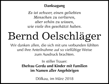 Traueranzeige von Bernd Oelschläger von Mitteldeutsche Zeitung