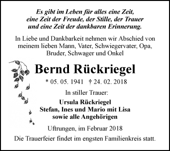 Traueranzeige von Bernd Rückriegel von Mitteldeutsche Zeitung Sangerhausen