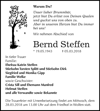 Traueranzeige von Bernd Steffen von Mitteldeutsche Zeitung Bitterfeld
