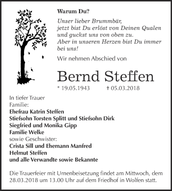 Traueranzeige von Bernd Steffen von WVG - Wochenspiegel Bitterfeld