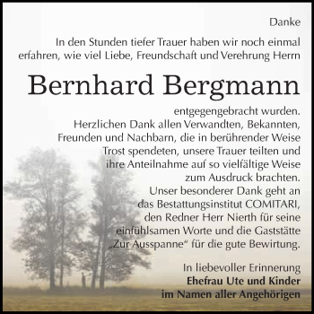Traueranzeige von Bernhard Bergmann von WVG - Wochenspiegel NMB / WSF / ZTZ