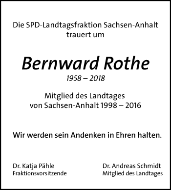 Traueranzeige von Bernward Rothe von Super Sonntag Aschersleben