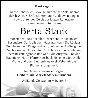 Traueranzeige von Berta Stark von WVG - Wochenspiegel Dessau / Köthen
