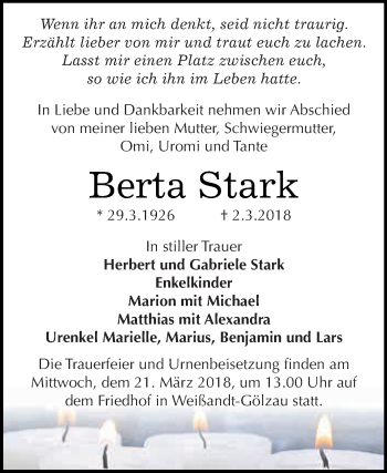 Traueranzeige von Berta Stark von WVG - Wochenspiegel Dessau / Köthen