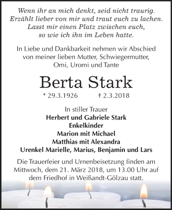 Traueranzeige von Berta Stark von Mitteldeutsche Zeitung Köthen