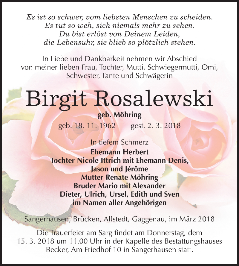  Traueranzeige für Birgit Rosalewski vom 10.03.2018 aus Mitteldeutsche Zeitung