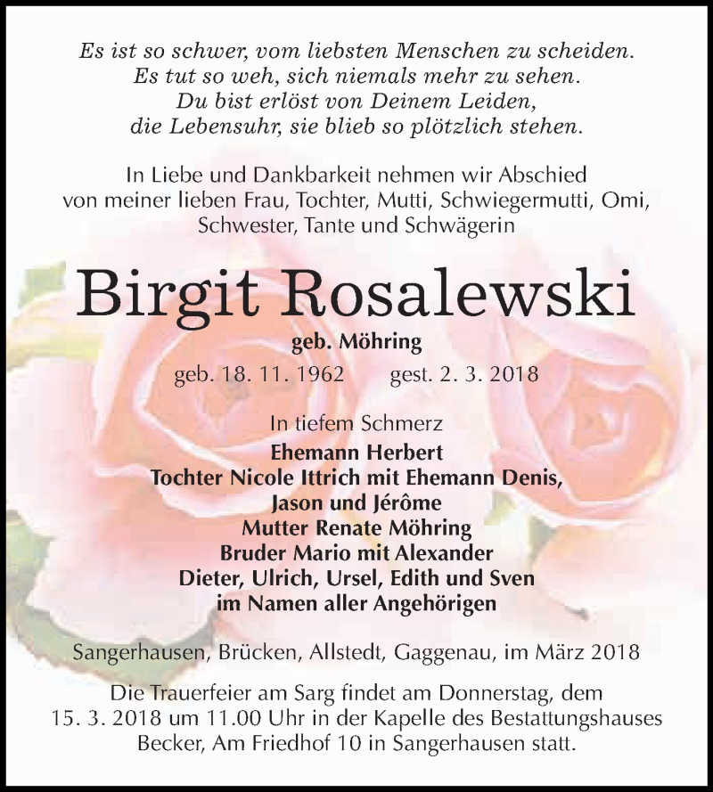  Traueranzeige für Birgit Rosalewski vom 10.03.2018 aus Super Sonntag SGH Mansf. Land
