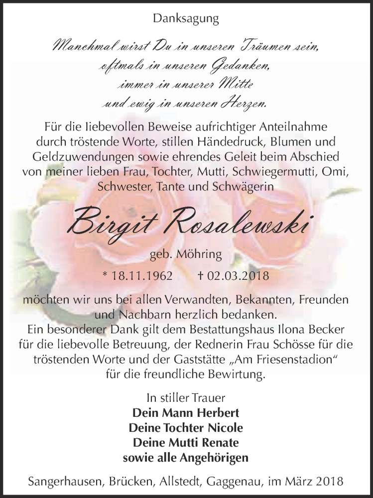 Traueranzeige für Birgit Rosalewski vom 31.03.2018 aus Super Sonntag SGH Mansf. Land