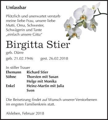 Traueranzeige von Birgitta Stier von Mitteldeutsche Zeitung Bernburg