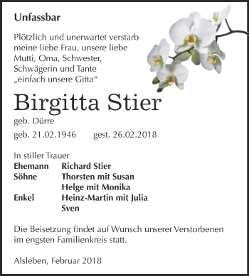 Traueranzeige von Birgitta Stier von Super Sonntag Bernburg