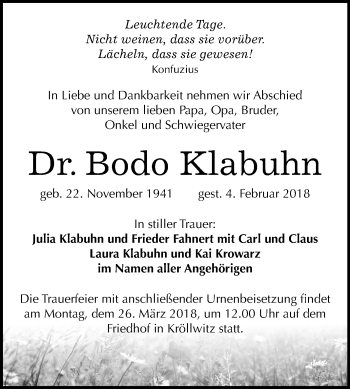 Traueranzeige von Bodo Klabuhn von Mitteldeutsche Zeitung Halle/Saalkreis